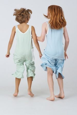 Kids Bamboo Jumpsuits in Sage and Blue, back view - Awakind.co